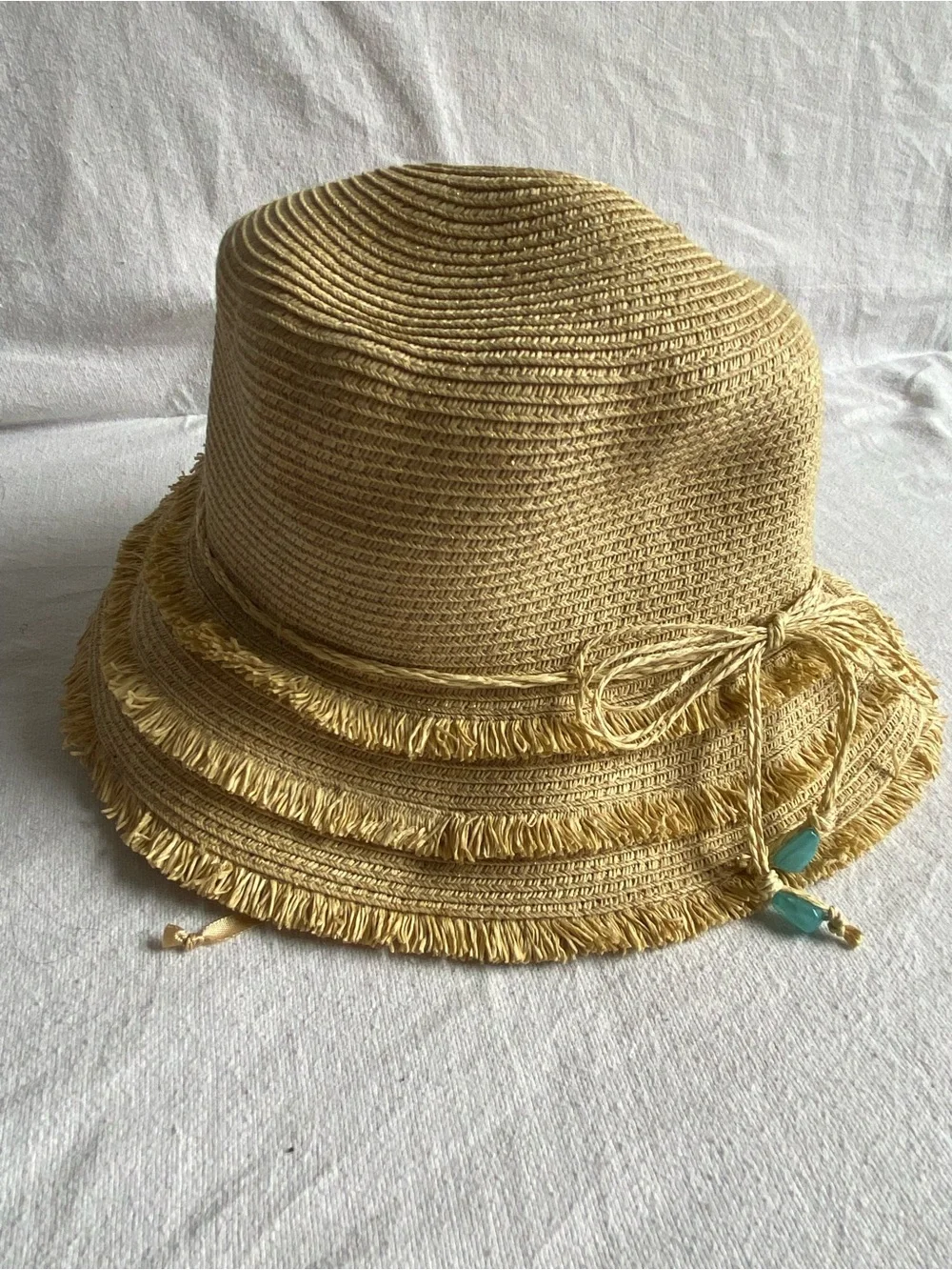 Scala Collezione Women’s Yellow Straw Sun Hat with Fringed Brim and Tie Detail